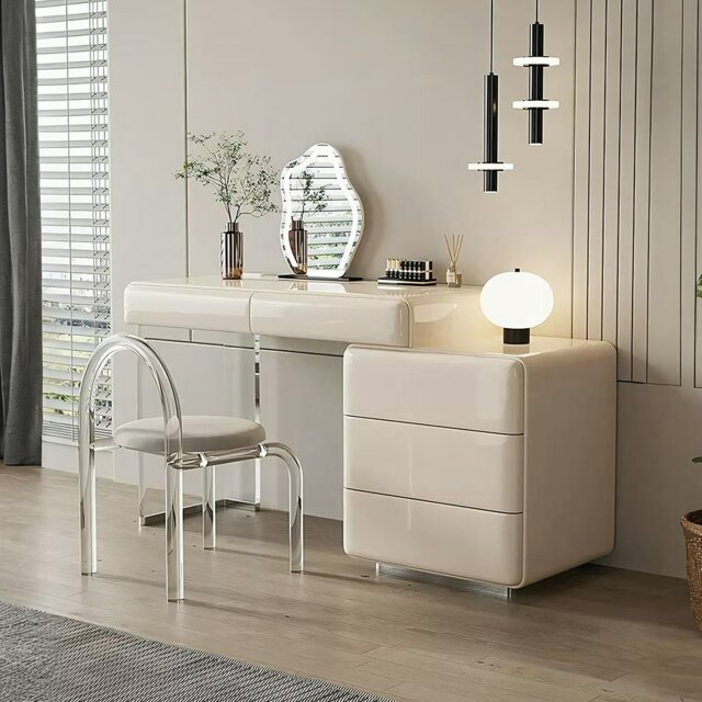 Rackhams Donnelly Dressing Table With LED Mirror, Cream - Grey Beige - Chest Of Drawer On The RIGHT - With Chair - image 1