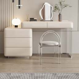 Rackhams Donnelly Dressing Table With LED Mirror, Cream - Grey Beige - Chest Of Drawer On The RIGHT - With Chair - thumbnail 2