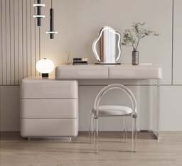 Rackhams Donnelly Dressing Table With LED Mirror, Cream - Grey Beige - Chest Of Drawer On The RIGHT - With Chair - thumbnail 6