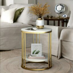 Rackhams 2 Tier Round Faux Marble Accent Coffee Side Table Gold - thumbnail 2