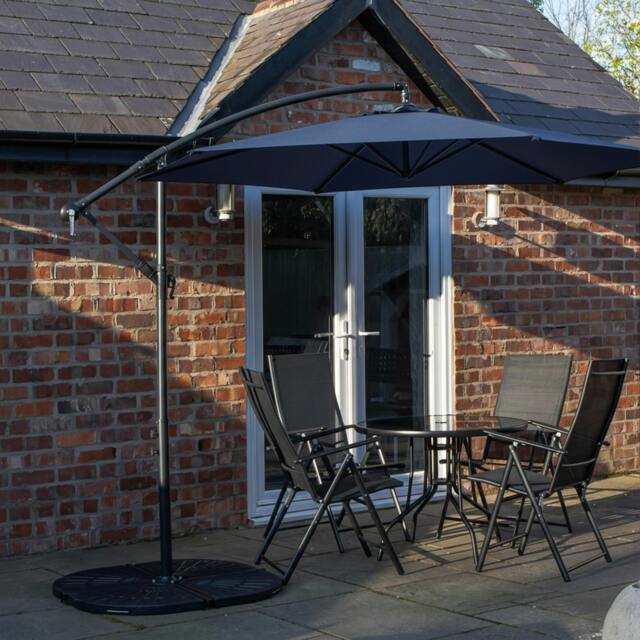 Rackhams Outdoor 4 Person Round Glass Top Garden Dining Table Chairs With Blue Banana Parasol and Base Set - image 1