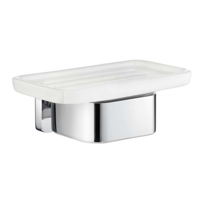 Rackhams Porcelain Rectangular Soap Dish Tray and Polished Chrome Wall Mounted Holder with Concealed Screws for Bath Shower Bathroom