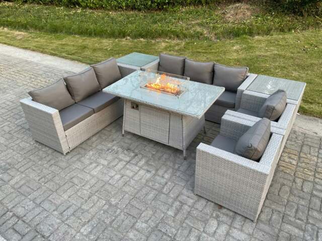Rackhams Light Grey Rattan Fire Pit Garden Furniture Set Gas Heater Burner Lounge Sofa Dining Set 2 Side Coffee Table And Chairs - image 1