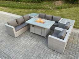 Rackhams Light Grey Rattan Fire Pit Garden Furniture Set Gas Heater Burner Lounge Sofa Dining Set 2 Side Coffee Table And Chairs
