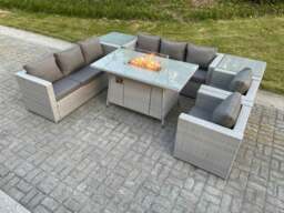 Rackhams Light Grey Rattan Fire Pit Garden Furniture Set Gas Heater Burner Lounge Sofa Dining Set 2 Side Coffee Table And Chairs - thumbnail 3