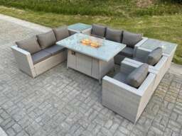 Rackhams Light Grey Rattan Fire Pit Garden Furniture Set Gas Heater Burner Lounge Sofa Dining Set 2 Side Coffee Table And Chairs - thumbnail 2