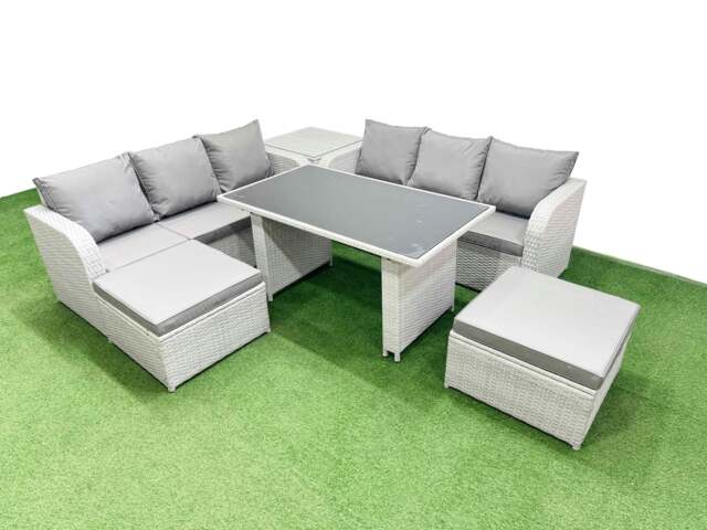 Rackhams 8 Seater Rattan Outdoor Dining Table 3 Seater Sofa Set with Side Table 2 Big Stools Light Grey - image 1