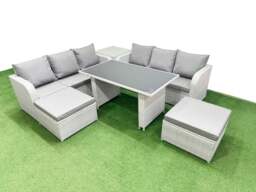 Rackhams 8 Seater Rattan Outdoor Dining Table 3 Seater Sofa Set with Side Table 2 Big Stools Light Grey - thumbnail 1