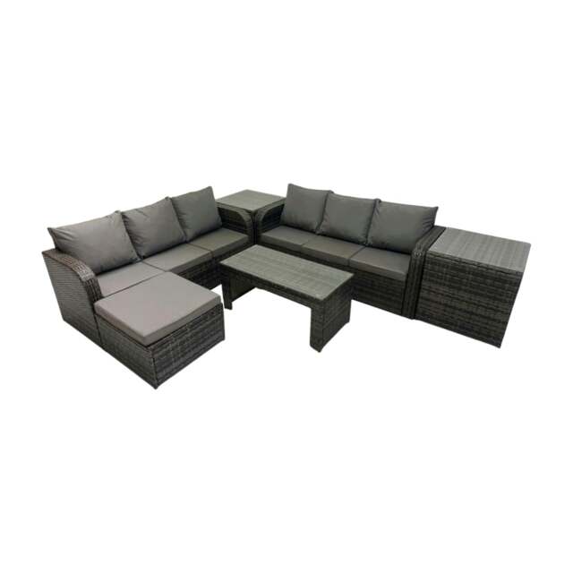 Rackhams Rattan Garden Outdoor Furniture Set 3 Seater Sofa Coffee Table with Big Footstool 2 Side Tables Dark Grey Mixed - image 1