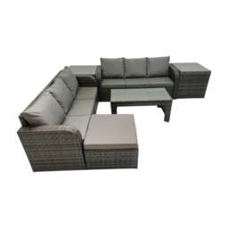 Rackhams Rattan Garden Outdoor Furniture Set 3 Seater Sofa Coffee Table with Big Footstool 2 Side Tables Dark Grey Mixed - thumbnail 2