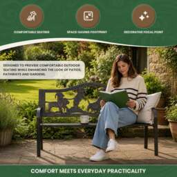 Rackhams Metal Garden Bench with Cast Iron Puppies Design Back Rest - thumbnail 3