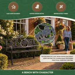 Rackhams Metal Garden Bench with Cast Iron Puppies Design Back Rest - thumbnail 4