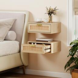 Rackhams Floating Bedside Tables Set of 2, Boho Nightstands with Rattan Drawer - Oak - 1 - Bohemian - thumbnail 1