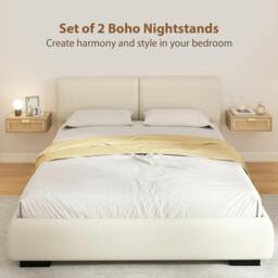 Rackhams Floating Bedside Tables Set of 2, Boho Nightstands with Rattan Drawer - Oak - 1 - Bohemian - thumbnail 4