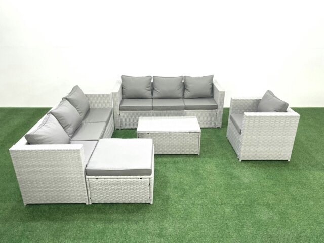 Rackhams Wicker PE Rattan Sofa Garden Furniture Set with Armchair Oblong Coffee Table Big Footstool Light Grey Mixed - image 1