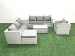 Rackhams Wicker PE Rattan Sofa Garden Furniture Set with Armchair Oblong Coffee Table Big Footstool Light Grey Mixed - thumbnail 2