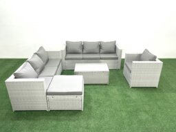 Rackhams Wicker PE Rattan Sofa Garden Furniture Set with Armchair Oblong Coffee Table Big Footstool Light Grey Mixed - thumbnail 1