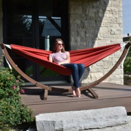 Rackhams Double Sunbrella Hammock with Solid Pine Arc Stand - Crimson - thumbnail 2