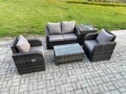 Rackhams 5 PC Outdoor PE Rattan Garden Furniture Set Wicker Love Sofa Coffee Table 2 Armchair Side Table Dark Grey Mixed - thumbnail 2
