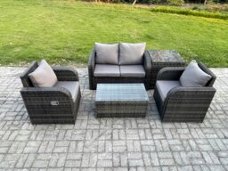 Rackhams 5 PC Outdoor PE Rattan Garden Furniture Set Wicker Love Sofa Coffee Table 2 Armchair Side Table Dark Grey Mixed - thumbnail 1