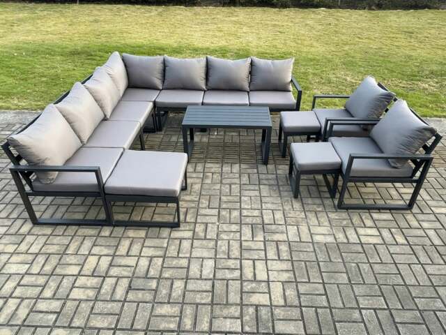 Rackhams Aluminium Outdoor Garden Furniture Set Lounge Corner Sofa Oblong Coffee Table 2 Pcs Chair Sets with 3 Footstools Dark Grey