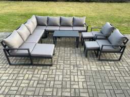 Rackhams Aluminium Outdoor Garden Furniture Set Lounge Corner Sofa Oblong Coffee Table 2 Pcs Chair Sets with 3 Footstools Dark Grey - thumbnail 1