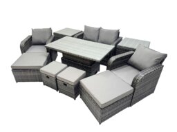 Rackhams 8 seater Patio Height Adjustable Rising Lifting Table Sofa Sets Rattan Garden Furniture Dining Set with 2 Small Footstool Dark Grey Mixed - thumbnail 2