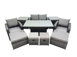 Rackhams 8 seater Patio Height Adjustable Rising Lifting Table Sofa Sets Rattan Garden Furniture Dining Set with 2 Small Footstool Dark Grey Mixed