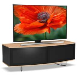 "Rackhams Caru Gloss Black and Oak Beam-Thru Remote Friendly Super-Contemporary ""D"" Shape Design 32""-65"" LED/OLED/LCD TV Cabinet" - thumbnail 1