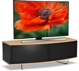 "Rackhams Caru Gloss Black and Oak Beam-Thru Remote Friendly Super-Contemporary ""D"" Shape Design 32""-65"" LED/OLED/LCD TV Cabinet" - thumbnail 1