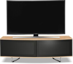 "Rackhams Caru Gloss Black and Oak Beam-Thru Remote Friendly Super-Contemporary ""D"" Shape Design 32""-65"" LED/OLED/LCD TV Cabinet" - thumbnail 2