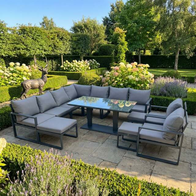 Rackhams 12 Seater Aluminium Garden Furniture Set with Corner Sofa, 2 Chairs, 3 Footstools & Adjustable Dining Table - Grey