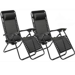 Rackhams 2 x Zero Gravity Reclining Garden Chair Sun Beach Lounger Recliner Outdoor Black - thumbnail 1