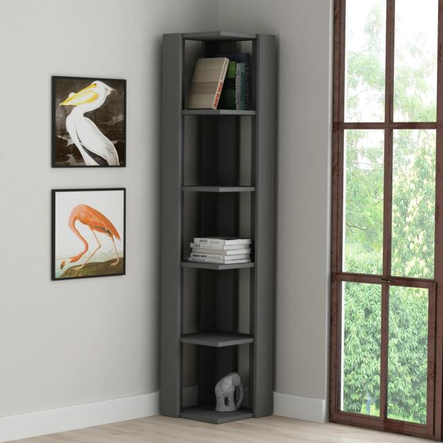 Rackhams Nati Tall Corner Bookcase Modern Shelving Unit Space-Saving Storage 161cm - Anthracite Grey - image 1