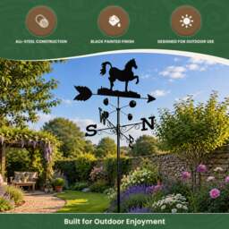 Rackhams Horse Steel Weathervane, Black Painted All-Steel Weather Vane With Wall Fixings and 1.7m Ground Spike, Wind Speed Cups - thumbnail 5