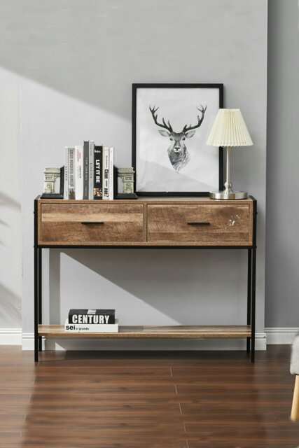 Rackhams Rustic Brown Metal Frame Console Table with 2 Drawer and Shelf - Brown - image 1