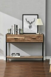 Rackhams Rustic Brown Metal Frame Console Table with 2 Drawer and Shelf - Brown