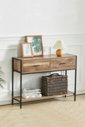 Rackhams Rustic Brown Metal Frame Console Table with 2 Drawer and Shelf - Brown - thumbnail 2