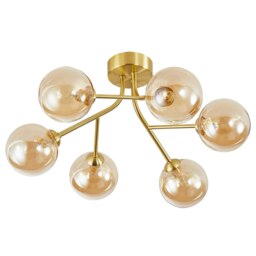 Rackhams Designer Satin Gold 6-Arm Ceiling Light Fixture with Amber Tinted Glass Shades - thumbnail 2