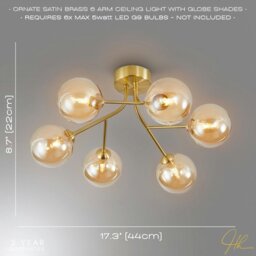 Rackhams Designer Satin Gold 6-Arm Ceiling Light Fixture with Amber Tinted Glass Shades - thumbnail 6