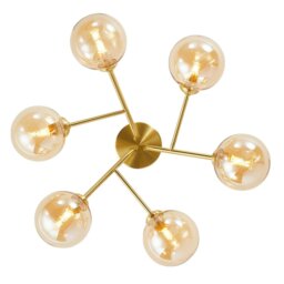 Rackhams Designer Satin Gold 6-Arm Ceiling Light Fixture with Amber Tinted Glass Shades - thumbnail 5