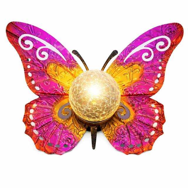 Rackhams Solar Garden Ornament – Metal Sunset Butterfly with LED Crackle Glass Ball - image 1
