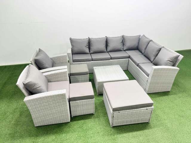 Rackhams Rattan Garden Outdoor Furniture Set 11 Seater Rattan Garden Sofa Set with 2 Armchairs 3 Footstools Light Grey Mixed - image 1