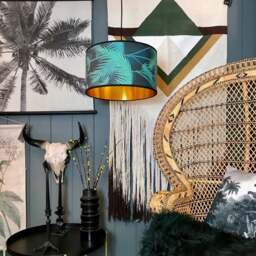 "Rackhams Palm Jungle Wallpaper Lampshade with Gold Lining - Table / Floor Lamp - 40cm Diameter x 23cm Height / (16"" x 9"")"