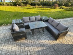 Rackhams Outdoor Lounge Sofa Set Wicker PE Rattan Garden Furniture Set with Rectangular Dining Table Reclining Chair 2 Side Tables Dark Grey Mixed - thumbnail 2