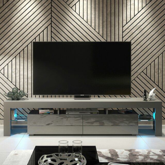 Rackhams Sleek 200cm Modern TV Unit Grey Cabinet Stand High Gloss Doors with Free LED Lights - 200 cm - 1 - Dark Grey Matt Body & Dark Grey Gloss Doors - image 1