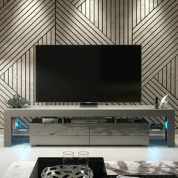 Rackhams Sleek 200cm Modern  TV Unit Grey Cabinet Stand High Gloss Doors with Free LED Lights - 200 cm - 1 - Dark Grey Matt Body & Dark Grey Gloss Doors