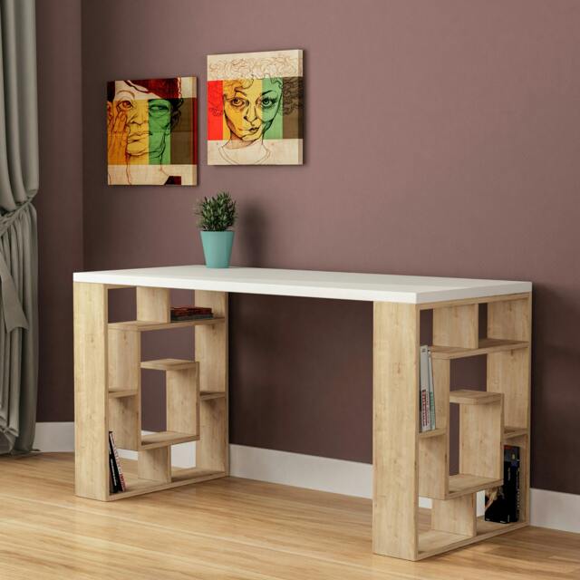 Rackhams Labirent Modern Desk with Bookshelf Legs White Anthracite Grey 137cm - Oak - image 1