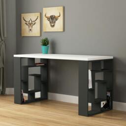 Rackhams Labirent Modern Desk with Bookshelf Legs White Anthracite Grey 137cm - Oak - thumbnail 2
