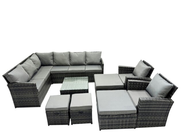 Rackhams 12 Seat Poly Rattan Outdoor Patio Coffee Table Corner Sofa Set with 4 Stools 2 Chairs for Garden Backyard Dark Grey Mixed - image 1